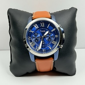 Montre chronographe de luxe pour hommes Fossill FS4835, boîtier en acier inoxydable étanche 50M, bracelet en cuir bleu, vente en gros - Product Image 5