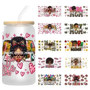 Coquette <span class=keywords><strong>Afro</strong></span> Noir Dope Autisme Maman <span class=keywords><strong>Chat</strong></span> Chien Maman UV DTF Autocollant pour 16OZ Libbey Verre Tasse Peut Envelopper Étanche Transfert Autocollants - Product Image 1