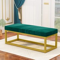 Banc en velours rembourré long banc d'entrée avec cadre en métal doré repose-pieds repose-pieds vert repose-pieds