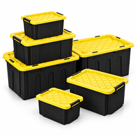 Bac de rangement robuste en plastique empilable noir et jaune de 25L, 60L, 100L pour outils et sous-sol