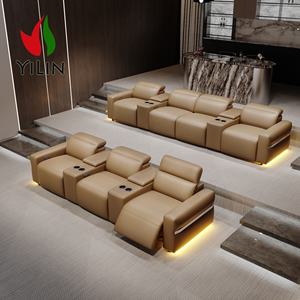 أريكة ركنية قطاعية فاخرة عصرية إيطالية من الجلد الطبيعي مع مسند ظهر كهربائي وتدليك تبريد وإضاءة LED دافئة معدنية لغرفة المعيشة - Product Image 6