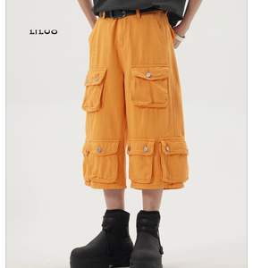 男性用バギーデニムショーツオレンジミッドウエストパンツビッグポケット付きダークウォッシュ織りジーンズショートパンツ男性用 - Product Image 2