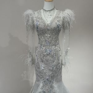 Wx449 Feather Mermaid <b>Wedding</b> Dress Deep V Neck Beaded Pearl Cuff Sheer Sleeve Sparkling Train Jancember - Product Image 3