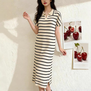 Abito Estivo da Donna Casual Slim-Fit a Mezza Lunghezza a Righe <span class=keywords><strong>con</strong></span> <span class=keywords><strong>Spacco</strong></span>, Colletto Risvoltato e Maniche Corte in Fresco Seta Acrilica - Product Image 3
