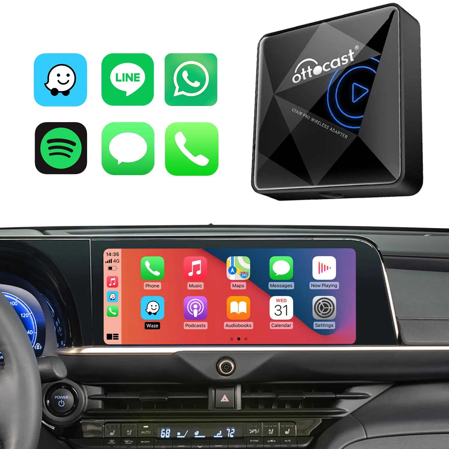 Ottocast 스마트 링크 무선 Carplay 어댑터 애플 CarPlay 동글 어댑터 아우디 w204 애플 자동차 재생