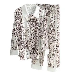Women's Autumn Winter Silk Like Pajamas Long Sleeve Pajamas Button Down Homewear Set Fashion Leopard Print Luxury Sleepwear 2024