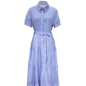 Nouvelle Robe Chemise Mi-Longue Ample à Rayures et Nœud à la Taille pour Femme, Manches Courtes, Tendance - Product Image 5