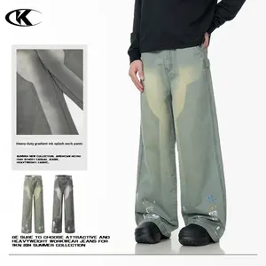 11KN unisexe décontracté rétro américain dégradé encre Splash Cargo pantalon tridimensionnel à la mode en détresse exploitation forestière Denim mi plat - Product Image 1