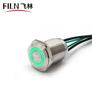 FILN Sakelar Tombol Tekan Daya Dc 2a Sementara, Logam Kepala Datar 16MM Dc 2a dengan Lampu Cincin Led dengan Kabel