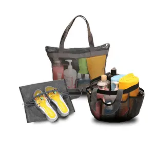 Amazon sacola de malha portátil, venda quente de 8 bolsos, malha, chuveiro, alta qualidade, 3 peças, pendurada, cesta, conjunto de sacola
