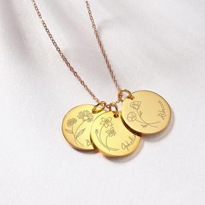 Collier vintage en acier inoxydable plaqué or 18k pour femmes, bijoux en forme <span class=keywords><strong>de</strong></span> pièce <span class=keywords><strong>de</strong></span> monnaie, pendentif gravé <span class=keywords><strong>fleur</strong></span> <span class=keywords><strong>de</strong></span> <span class=keywords><strong>naissance</strong></span> avec nom, vente en gros - Product Image 4