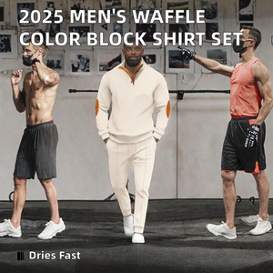 Conjunto de Camisa de Manga Corta y Pantalón Largo para Hombre, Verano 2025, Tejido Waffle, Cierre de Cuatro Botones, Bolsillo, Estilo Deportivo, Secado Rápido, Poliéster/Algodón - Product Image 2