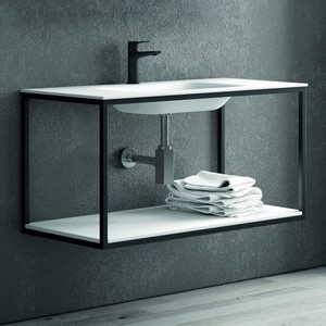 Ensemble de meubles de salle de bain en métal noir Kamalu NICO-100N 100 cm avec lavabo et étagère en surface solide pour hôtels - Product Image 4