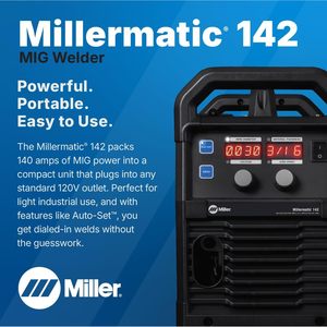 Soudeuse MIG Millermatic 142 120V portable à alimentation par fil, onduleur monophasé, réglage automatique, affichage segmenté, soudage de l'acier à faible teneur en carbone - Product Image 2