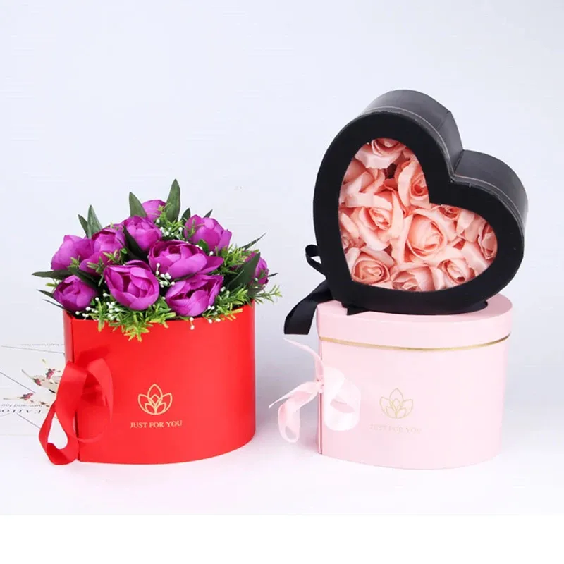 Luxury Heart Shaped Floral Double Layer Gift Paper Boxes with Lids and Ribbons for Packaging