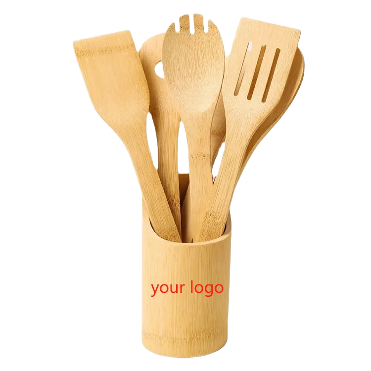 7-piece Organic bamboo kitchenware set including spatulas, spoons, and cooking gadgets