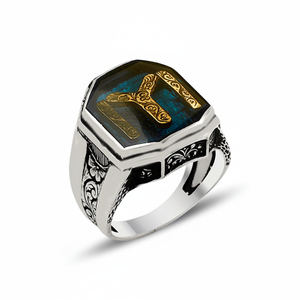 925K Sterling <b>Silver</b> Ottoman Dirilis Blue Enamel <b>Men</b> <b>Ring</b> - Product Image 2