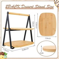 Support de service à 2 niveaux en bambou avec cadre métallique, plateau de présentation à double couche pour gâteaux, collations, décorations de fête du thé de l'après-midi