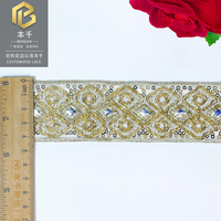 LEIXUSI 4cm Dentelle brodée ethnique Dai à losanges et paillettes, Bordure en fil torsadé doré pour accessoires de vêtements Cheongsam