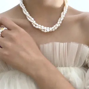 Catena di perle d'acqua dolce fai da te per la creazione di gioielli, collana a tre strati alla moda