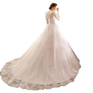Long Sleeve O Neck Ball Gown Wedding Dress Pure White Ivory Vintage Style Plus Size Train Lace Detailing European American - Product Image 3