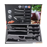 Ensemble de 6 couteaux de cuisine en acier inoxydable, revêtement antiadhésif, lame noire, poignée en plastique tressé antidérapante, écologique, ambidextre