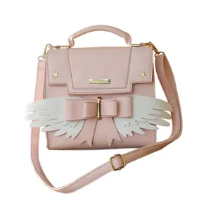 Pembe renk sevimli yay kız bayan deri çanta özel japonya tarzı kanat kadınlar için crossbody çanta