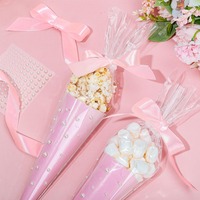 Sac conique transparent en BOPP DIY avec ruban, nœud et autocollant perlé pour bonbons, pop-corn, cadeaux de fête