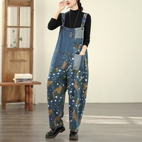 Nouvelles salopettes décontractées en jean bleu imprimé patchwork toutes saisons 2026 pour femmes, grande taille, coupe ample, entrejambe abattu, style sarouel
