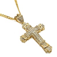 Collier pour homme HipHop en alliage de zinc plaqué or 18 carats avec pendentif croix clou, entièrement serti de pierres, style Bling Bling, chaîne à maillons religieux