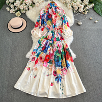 Robe longue décontractée pour femme, élégante, à imprimé floral, col montant, manches lanternes, coupe trapèze, avec ceinture à pompons à la taille, pour le quotidien et les vacances