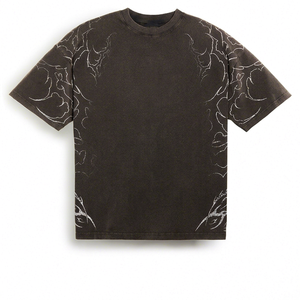 T-shirt noir à manches courtes pour homme, coupe classique, col roulé, imprimé dessin animé blanc délavé à l'acide, style hip-hop, respirant, 100 % coton - Product Image 1