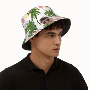 Chapeau Bob Hawaïen Personnalisé Motif Flamant Rose et Palmier Tropical, Large Bord, Protection Solaire pour Plage et Pêche, Style Dessin Animé - Product Image 1