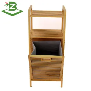 Hot Sale Bamboo Bathroom Storage Shelf With Hamper_FSC BSCI Factory