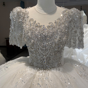 Wx392 Ivory Tulle <b>Wedding</b> Dress V Neck Puff Sleeve Beaded Sequin Ball Gown Multi Layer Long Train Jancember - Product Image 2