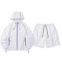Veste coupe-vent unisexe blanche à capuche avec ensemble short, légère, résistante à l'eau, en polyester, pour l'été, vêtements de plein air, coupe ample