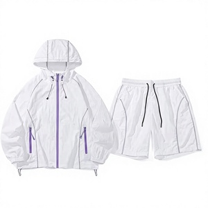 Unisex <b>White</b> Hooded Windbreaker <b>Jacket</b> with <b>Shorts</b> Set Lightweight Water Resistant Polyester Summer Outdoor Wear Oversized Fit - Product Image 1