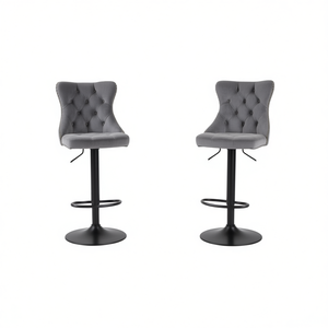 Tabourets de bar modernes en velours gris, hauteur réglable, base ronde en métal, lot de 2 pour la maison ou le pub - Product Image 1