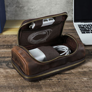 Sac de rangement pour câbles de voyage en cuir personnalisé, fait main, avec double fermeture éclair, pochette technique portable pour accessoires électroniques - Product Image 1