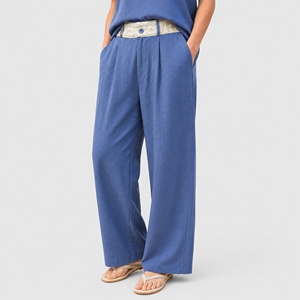 <span class=keywords><strong>Pantalon</strong></span> large <span class=keywords><strong>taille</strong></span> haute en mélange de <span class=keywords><strong>lin</strong></span> pour <span class=keywords><strong>femme</strong></span> avec ceinture brodée, style bohème fluide pour la plage - Product Image 4
