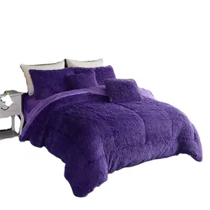 Wholesale 6PCS Heated Long Hair Faux Fur Bedding Set Luxury Plush Duvet Cover Pillowcase Flannel Bed Sheet