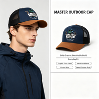 Cappello trucker a 5 pannelli con retro in rete, bicolore blu navy e marrone, con ricamo di orso e cervo, corona strutturata, logo personalizzato.