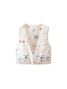 European American Style Cross-border 2025 New <strong>Women's</strong> Casual Summer Floral Printed Cotton <strong>Linen</strong> Breathable Short <strong>Waistcoat</strong> Top - Product Image 2
