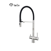 Robinet de cuisine BeiJu classique à 2 poignées, montage sur plan, débit élevé, commande par bouton, finition en acier inoxydable, céramique sans plomb