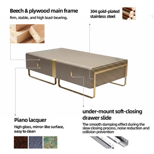 Luxuriöses Italienisches Modernes Graues Hochglanz-Lackiertes Leder-Couchtisch-Set Holzrahmen Schubladenspeicher Metall Wohnzimmermöbel - Product Image 6