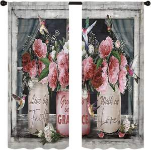 Cortinas de Cocina Rosa Claro con Flores, Cortinas Cortas para Cafetería, Cortinas de Ventana Estilo Rústico con Diseño de Frascos Mason, 2 Paneles - Product Image 2