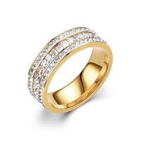 Bague en acier inoxydable 7 mm à triple rangée de strass, pierres baguette et rondes, large bande, en stock, bijoux de mode unisexe, vente en gros