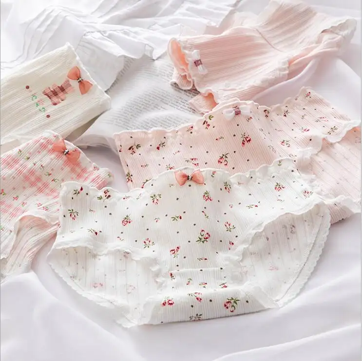 Cuecas femininas de crescimento médio, lingerie floral, impressão, roupa íntima, puro algodão, adorável, calcinha de meninas