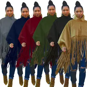 Street Fashion Wear Plus Size Tassel Top Women's Long Sleeve Fringe Cape Poncho Coat