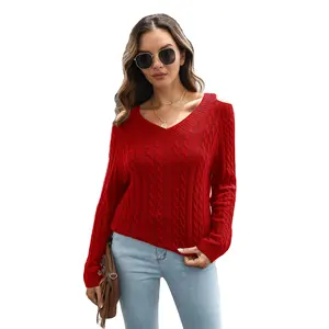 Nieuw Europa En De Verenigde Staten Gebreide Trui Herfst Winter Een Off-The-Shoulder V-Hals Losse Casual Trui Met Lange Mouwen Voor Dames